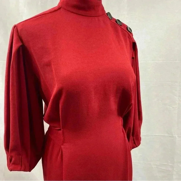 ZARA Midi Dress Ballon Sleeve Maroon W/ Buttons On Shoulder Ties Small - Picture 7 of 8